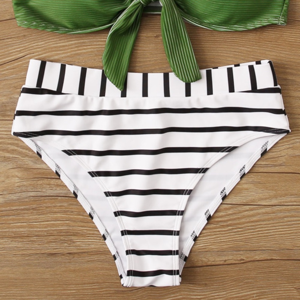 Knot Front Top With Striped High Waist Bikini Set - Picture 5 of 8